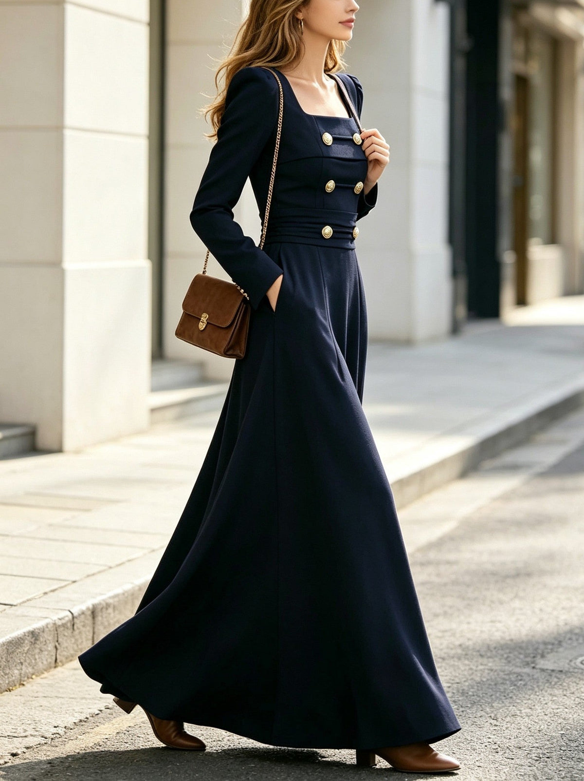 Elegant Navy Blue Long Sleeve Button Detail Maxi Dress with Pockets