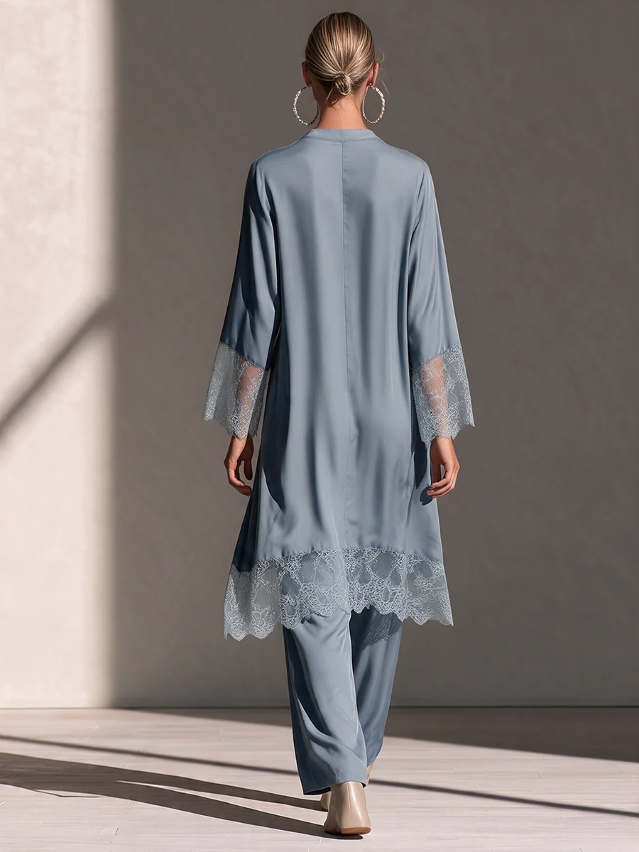 Elegant Light Blue Lace Trim Long Sleeve Top and Wide Leg Pants Two-Piece Set