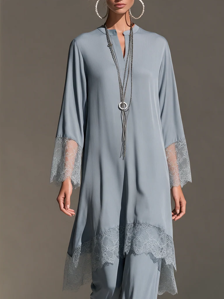 Elegant Light Blue Lace Trim Long Sleeve Top and Wide Leg Pants Two-Piece Set