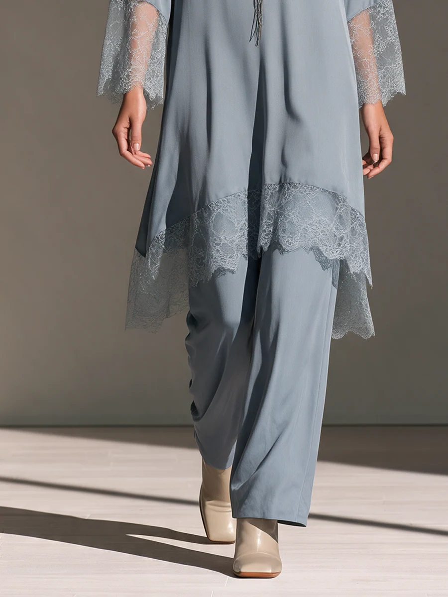 Elegant Light Blue Lace Trim Long Sleeve Top and Wide Leg Pants Two-Piece Set