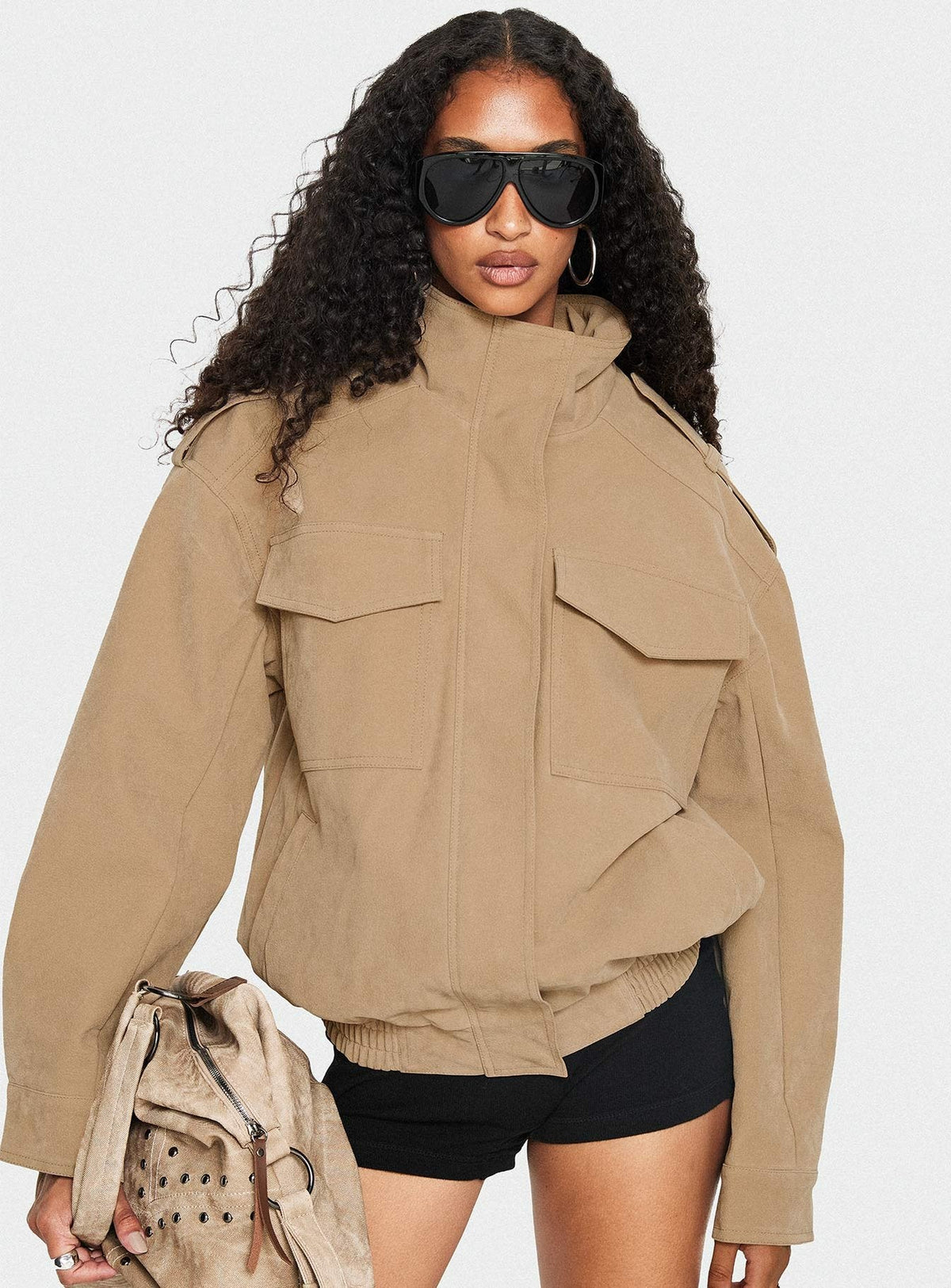 Double Life Funnel Neck Cargo Jacket Beige – 2