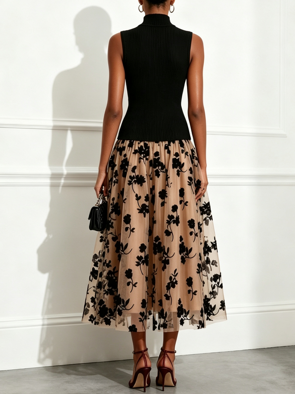 Black Ribbed Knitted Tank Top + Double-layered Floral Tulle Midi Skirt Two Piece Set
