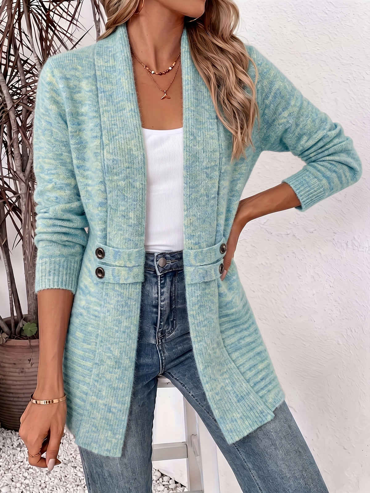 Lang Dames Cardigan Met Sjaalkraag En Decoratieve Knopen
