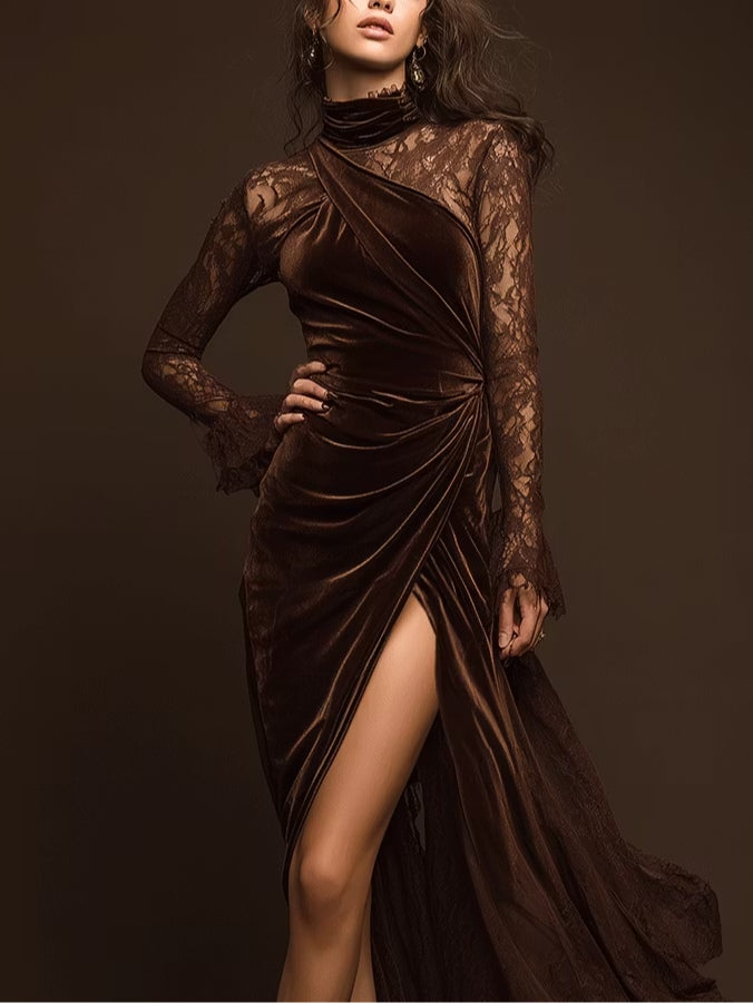 Brown high-neck velvet maxi dress with lace panels and a side slit