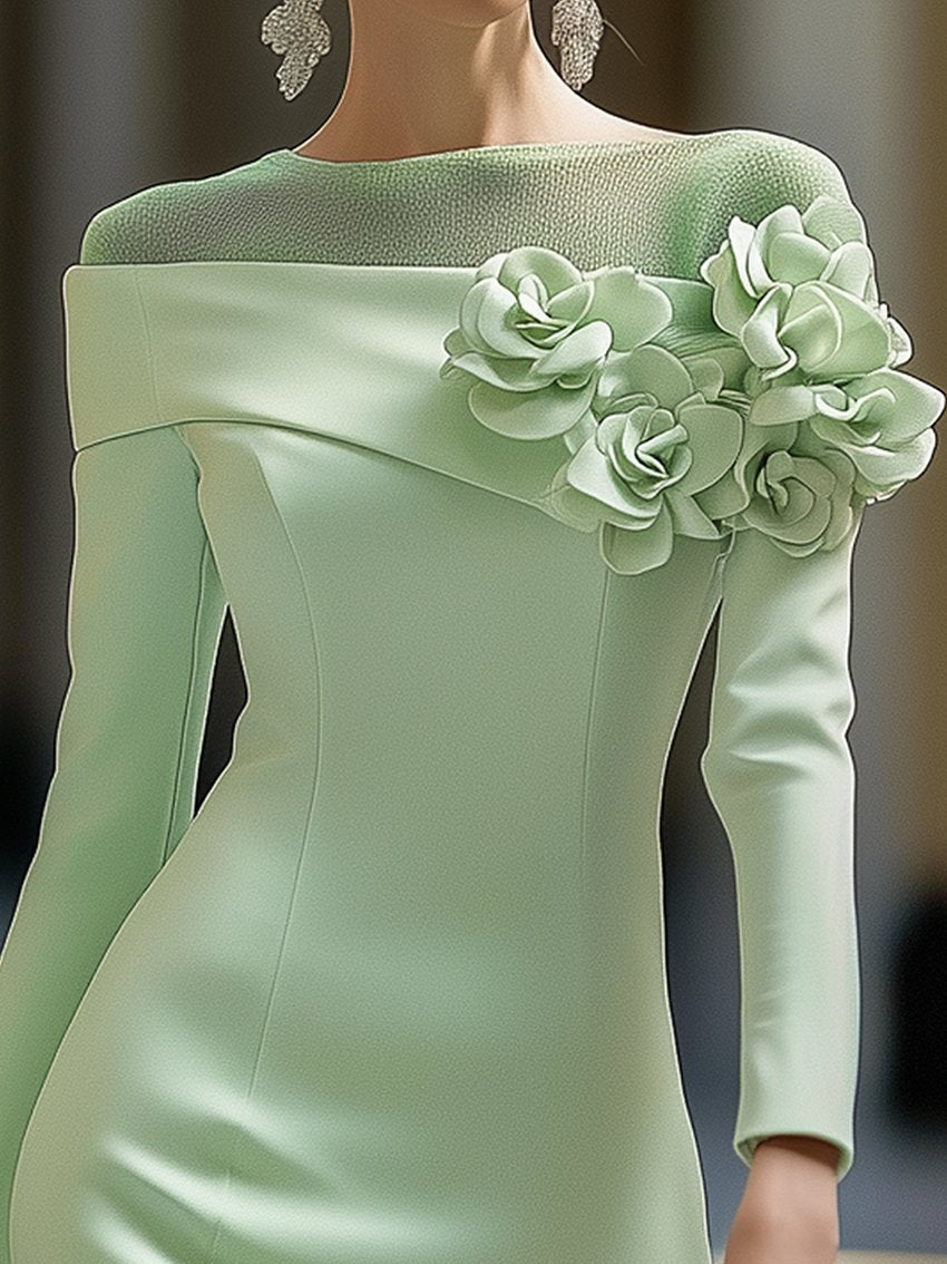Round Neck Off Shoulder 3D Flower Midi Dress