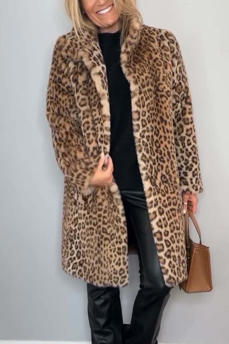 Stylish Leopard Print Lapel Faux Fur Mid-length Coat – 2