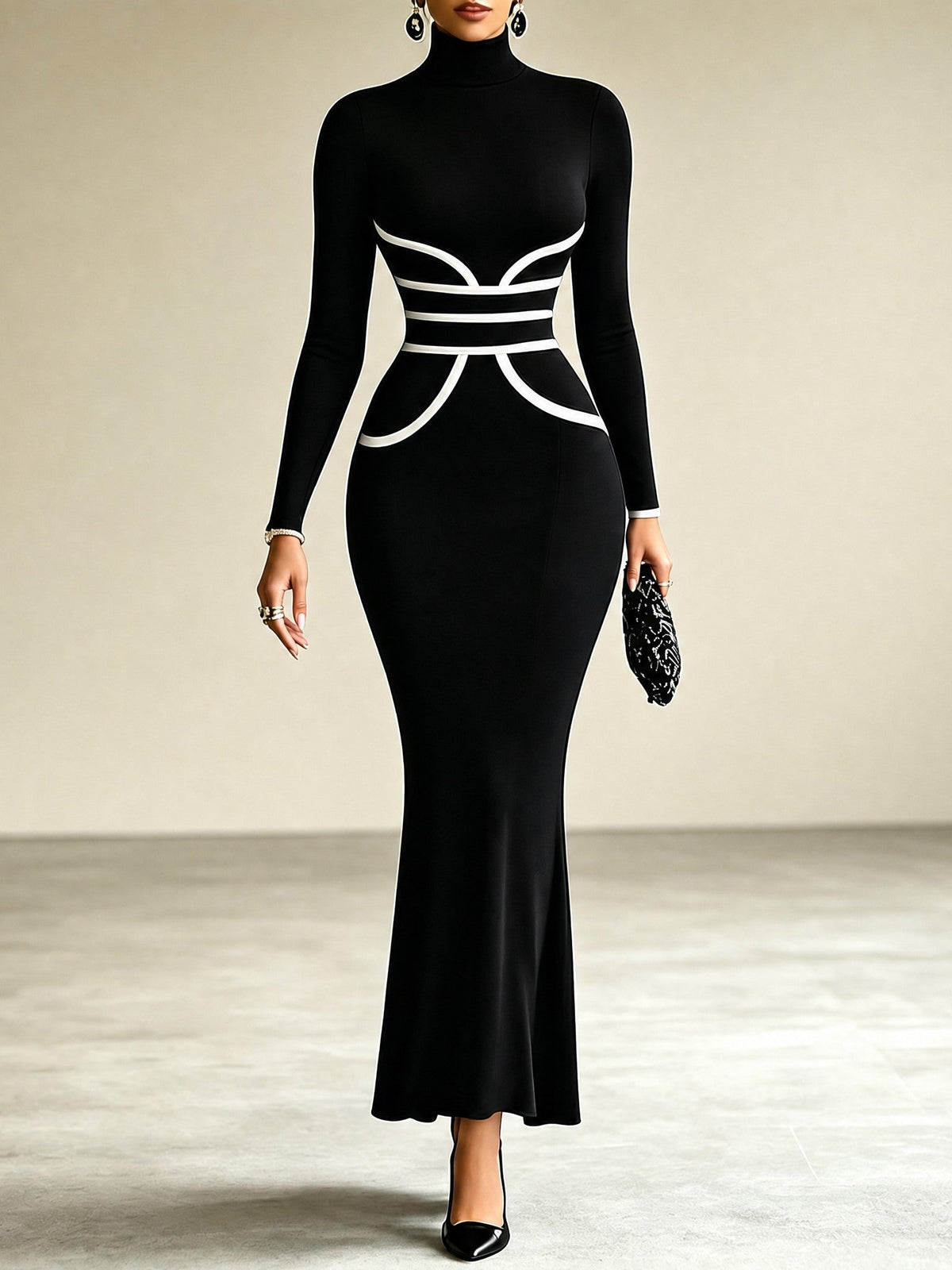 Black High Neck White Contrast Line Bodycon Mermaid Midi Dress