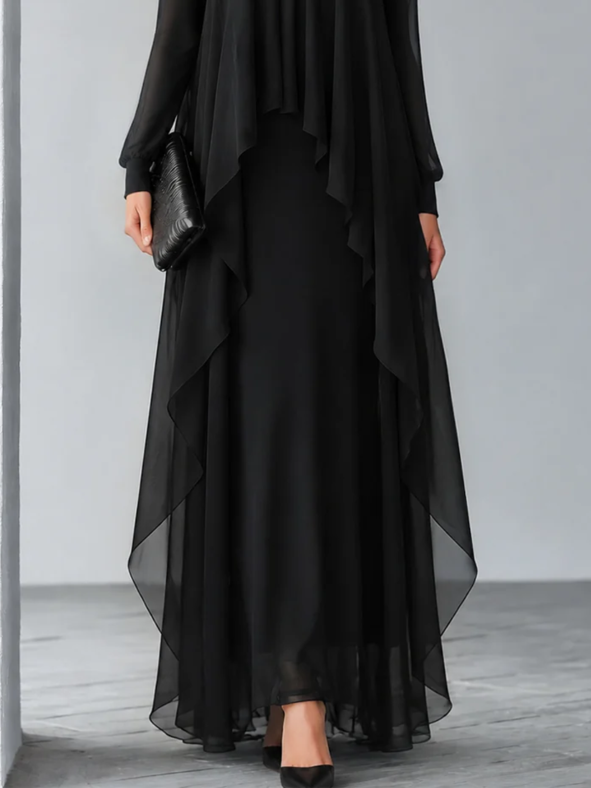 Women's Black Sheer Overlay Maxi Dress – Long Sleeve Wedding Guest Dress – 3