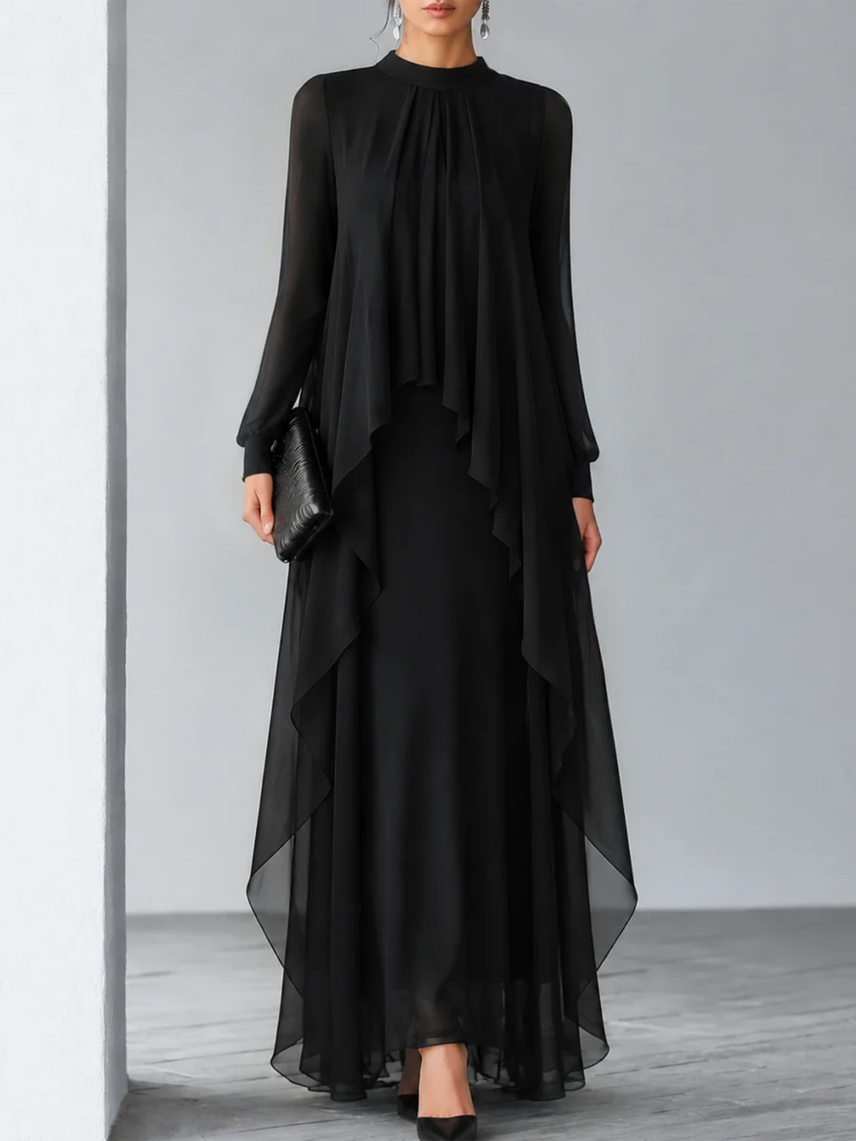 Women's Black Sheer Overlay Maxi Dress – Long Sleeve Wedding Guest Dress