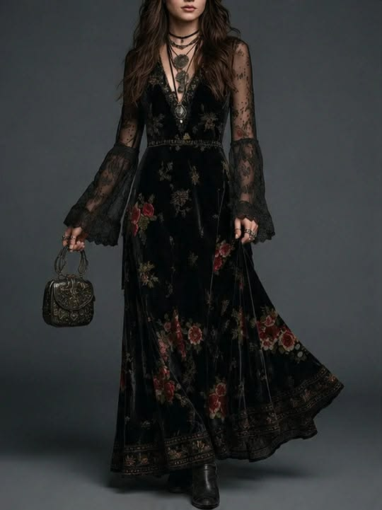 Women's Black Velvet Floral Maxi Dress – Lace Sleeve Wedding Guest Dress – 2