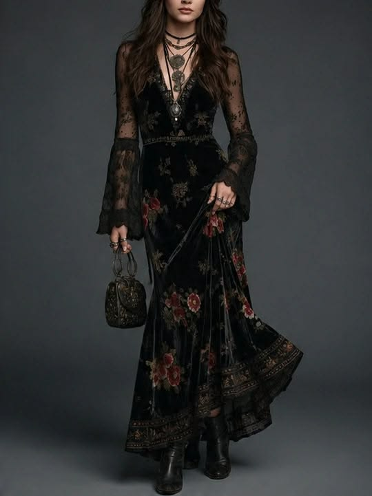 Women's Black Velvet Floral Maxi Dress – Lace Sleeve Wedding Guest Dress – 3