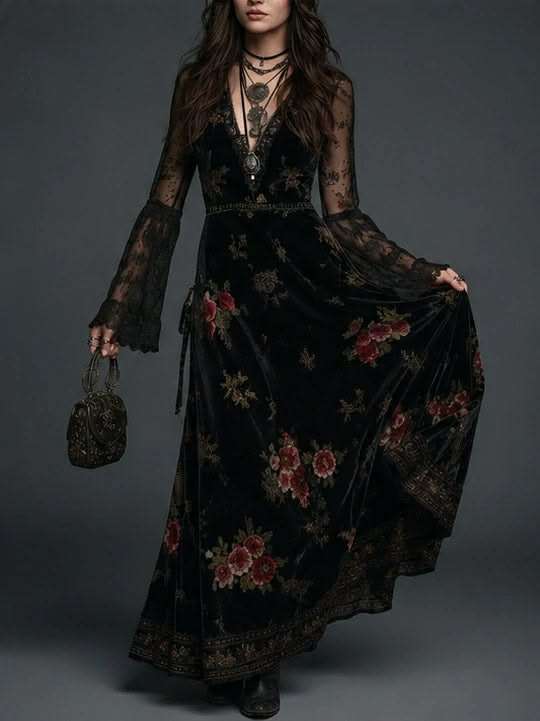 Women's Black Velvet Floral Maxi Dress – Lace Sleeve Wedding Guest Dress – 4