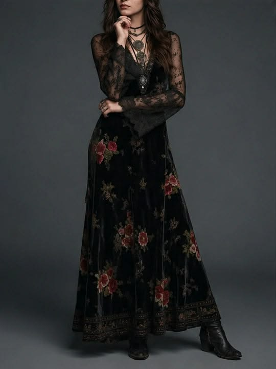 Women's Black Velvet Floral Maxi Dress – Lace Sleeve Wedding Guest Dress – 5