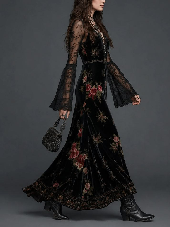 Women's Black Velvet Floral Maxi Dress – Lace Sleeve Wedding Guest Dress – 6