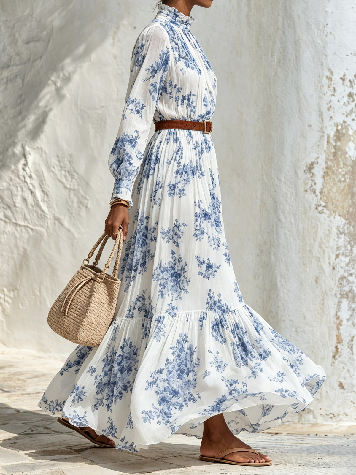 Women's Blue Floral Maxi Dress – Smocked Neck Wedding Guest Dress – 4