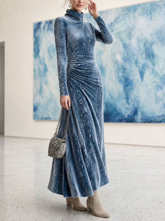 Women's Blue Snake Print Velvet Maxi Dress – Turtleneck Long Sleeve – 4