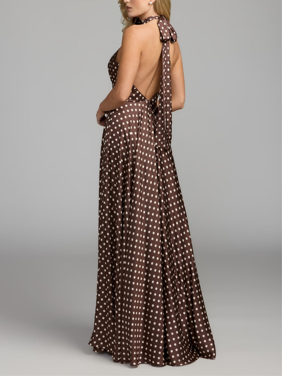 Women's Brown Halter Maxi Dress – Polka Dot 3D Floral Wedding Guest Dress – 5