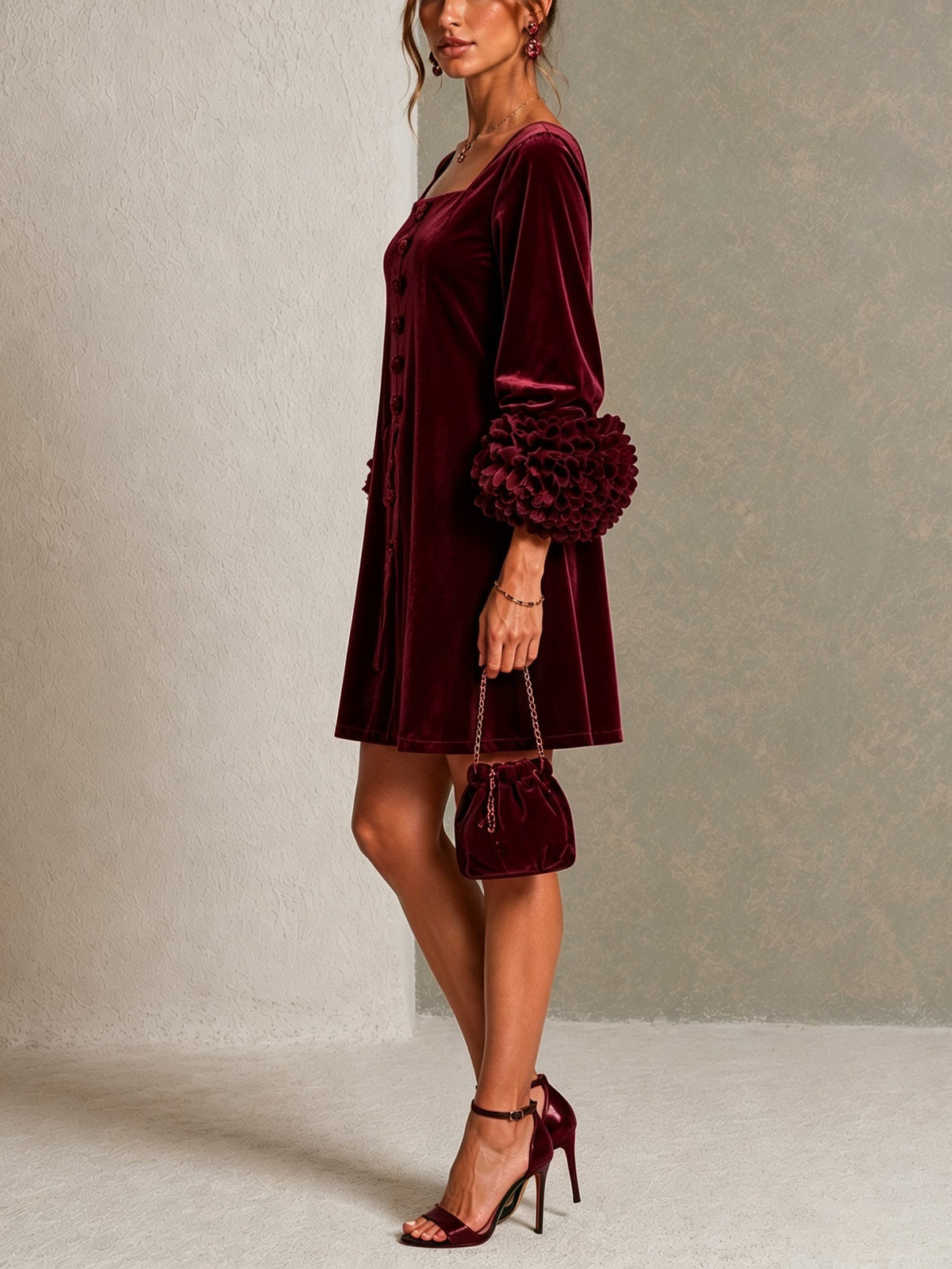 Women's Burgundy Velvet Mini Dress – Floral Cuff Wedding Guest Dress – 2