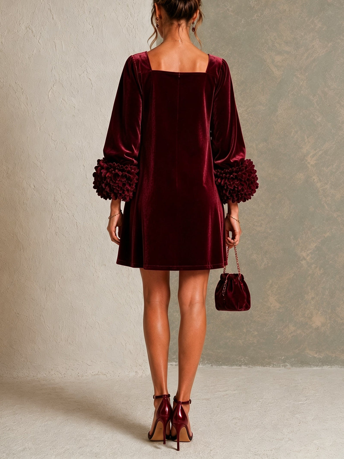 Women's Burgundy Velvet Mini Dress – Floral Cuff Wedding Guest Dress – 3