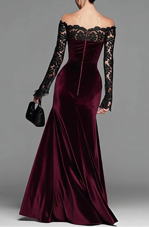 Women's Burgundy Velvet Off-Shoulder Mermaid Gown – Lace Sleeve Evening Dress – 2