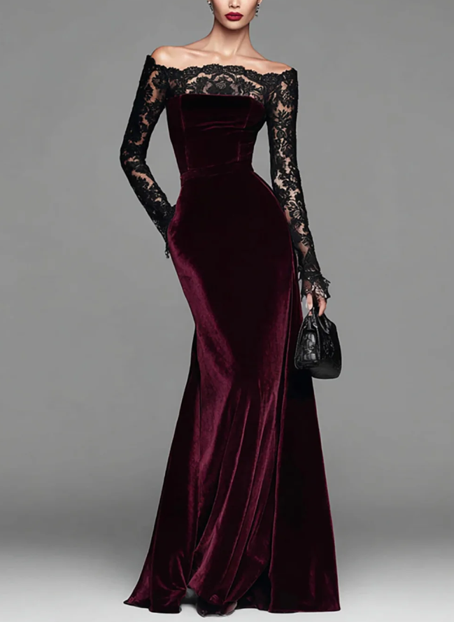 Women's Burgundy Velvet Off-Shoulder Mermaid Gown – Lace Sleeve Evening Dress