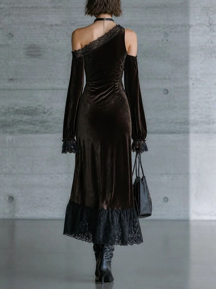 Women's Dark Brown Velvet Off-Shoulder Evening Maxi Dress – 3