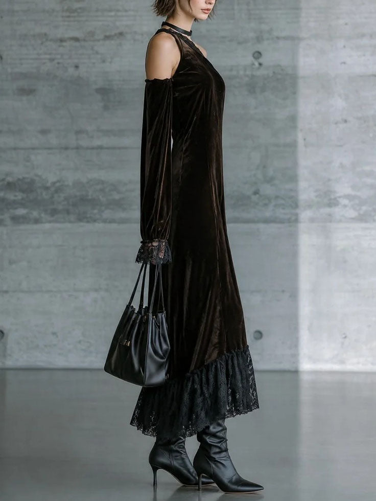 Women's Dark Brown Velvet Off-Shoulder Evening Maxi Dress – 6