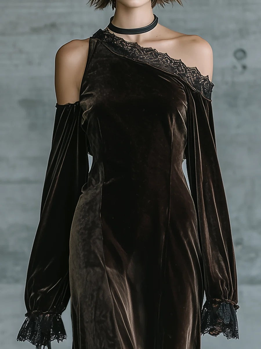 Women's Dark Brown Velvet Off-Shoulder Evening Maxi Dress – 7