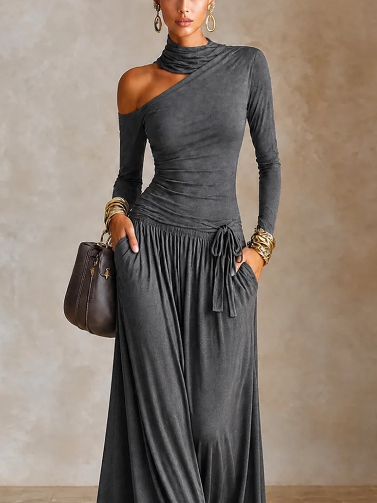 Women's Dark Grey Off-Shoulder Maxi Dress – Asymmetric Long Sleeve – 4