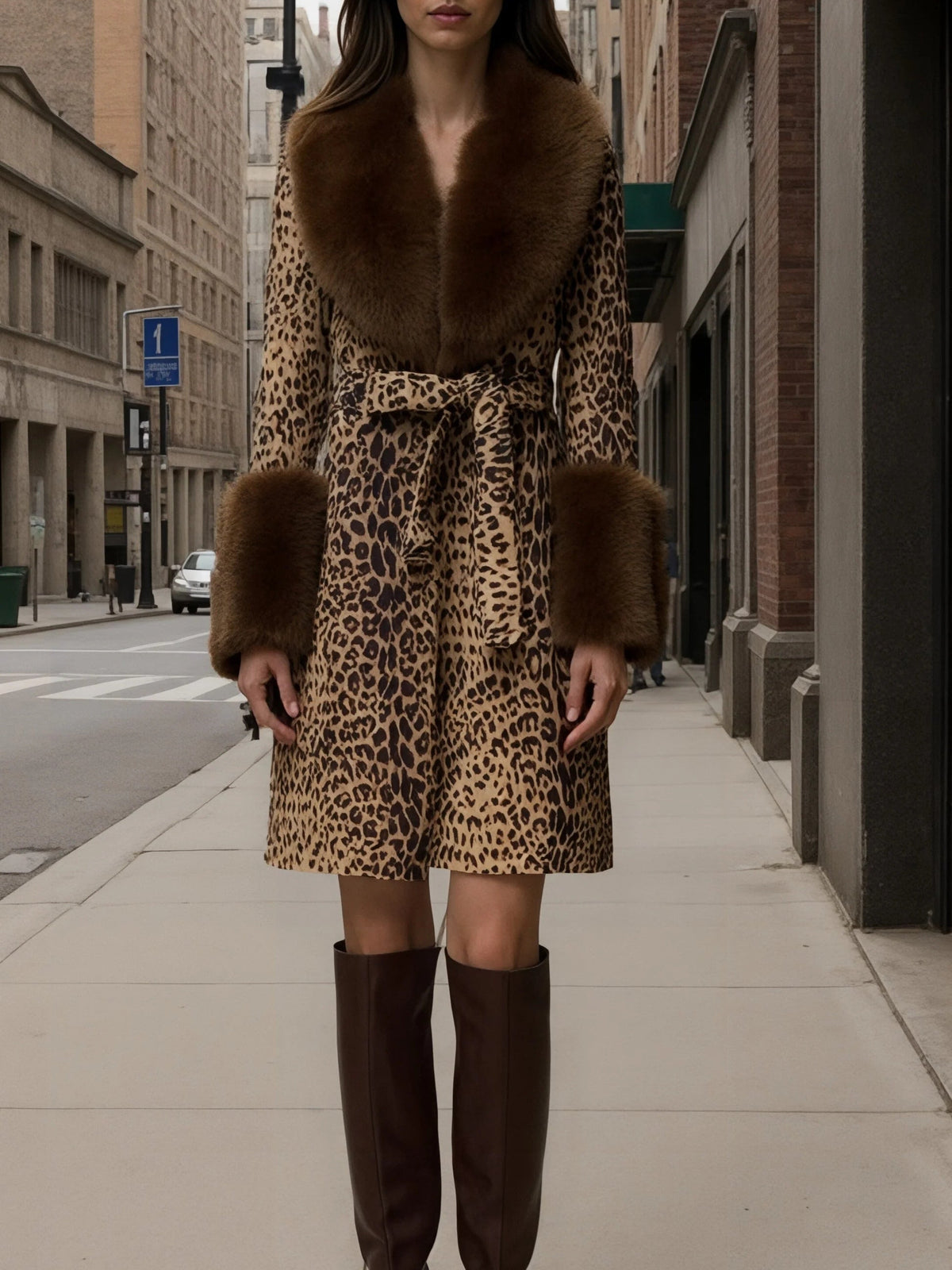 Women's Leopard Print Plush Coat – Faux Fur Patchwork