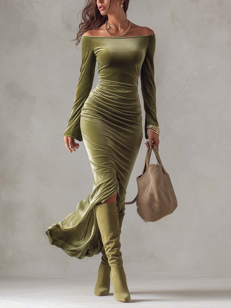 Women's Olive Green Velvet Off-Shoulder Evening Maxi Dress – Long Sleeve