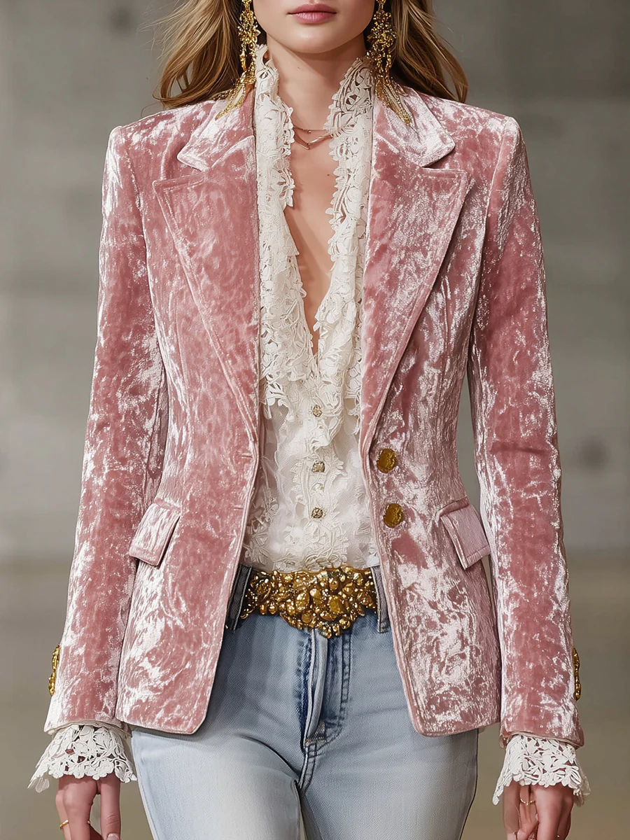 Women's Pink Velvet Blazer – Gold Button Retro Style