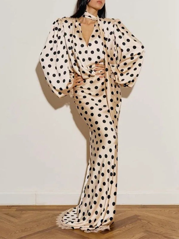 Women's Polka Dot Maxi Dress – Puff Sleeve Wedding Guest Dress