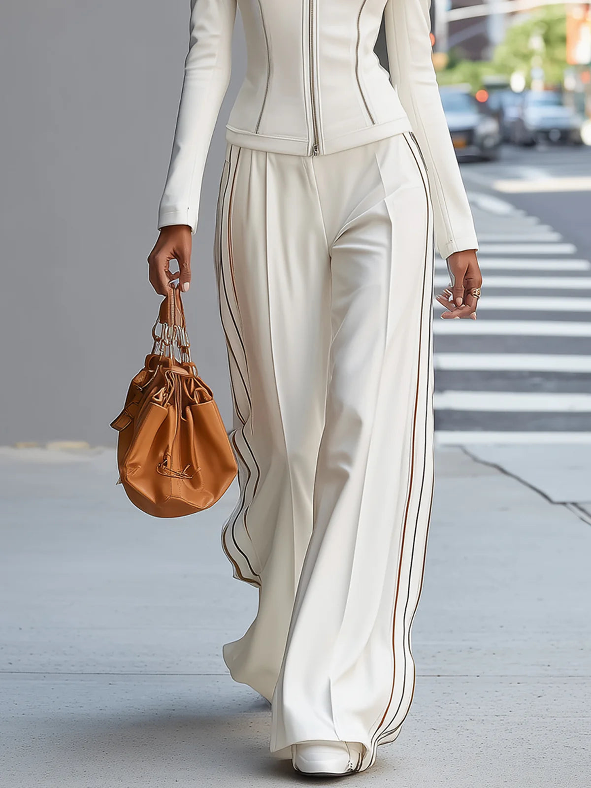 Women's White Zip-Up Top & Wide Leg Pants Set – 4