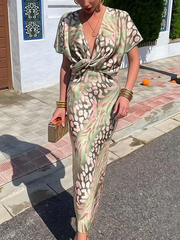 Stylish Knot-Front Printed Sexy V-Neck High-Waist Dress