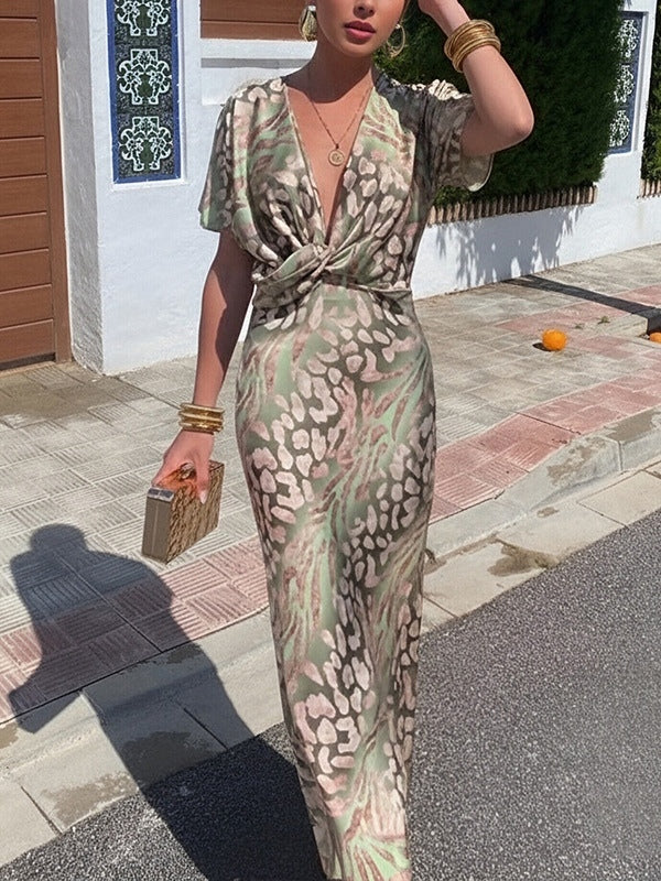 Stylish Knot-Front Printed Sexy V-Neck High-Waist Dress