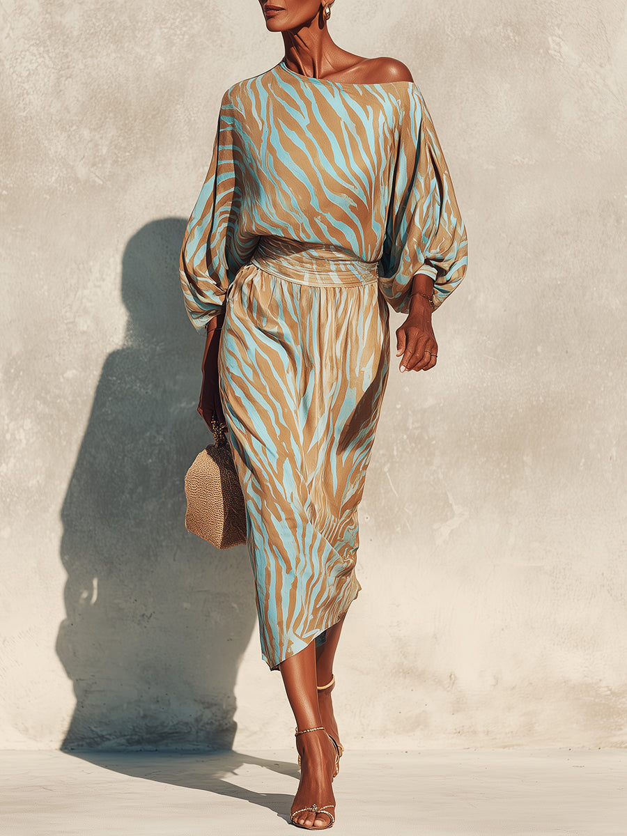 Casual Off-the-shoulder Zebra-print Batwing-sleeve Midi Dress