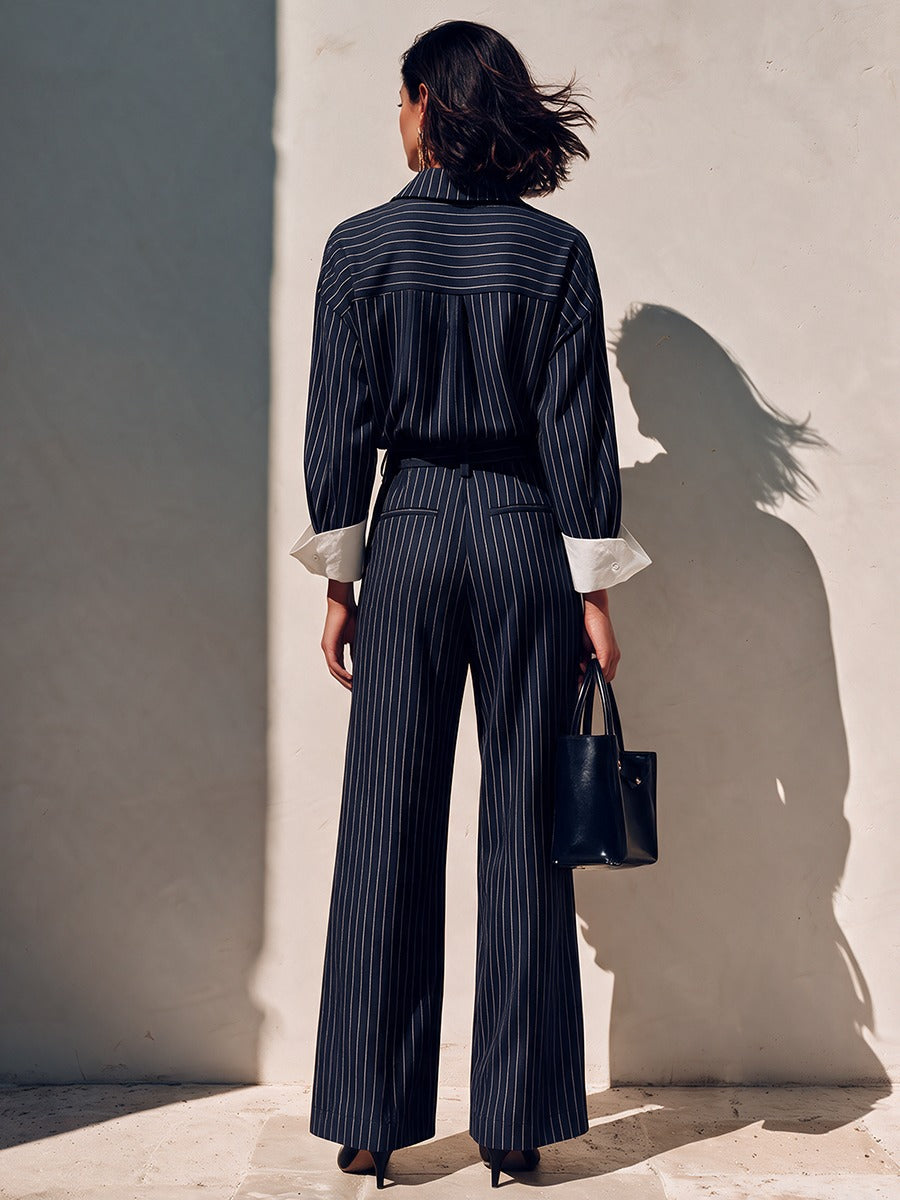 Elegant Asymmetric Button-Placket Striped Set