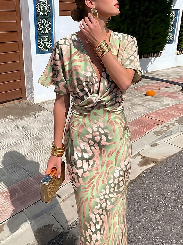 Stylish Knot-Front Printed Sexy V-Neck High-Waist Dress