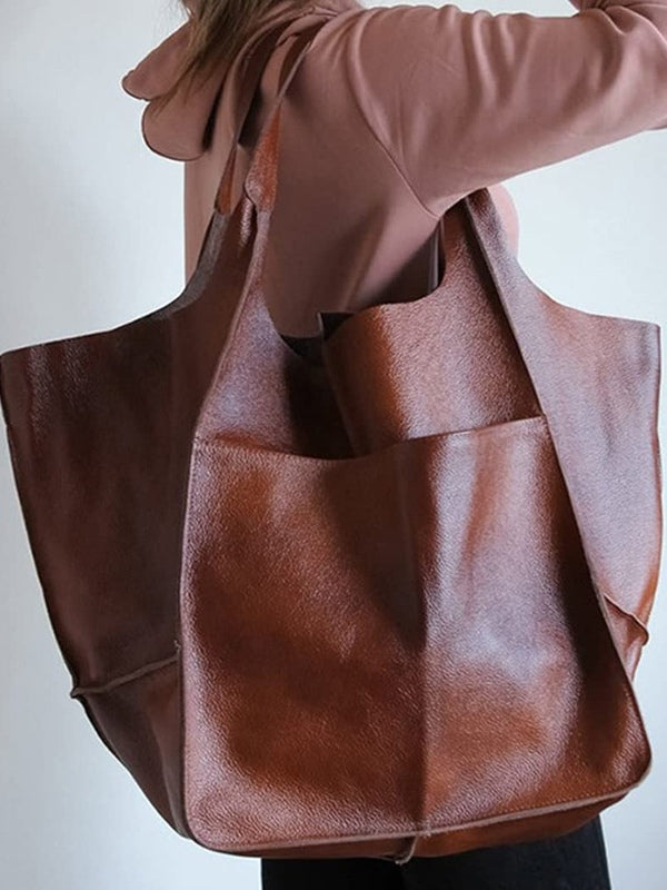 Simple large soft leather large capacity shoulder handbag