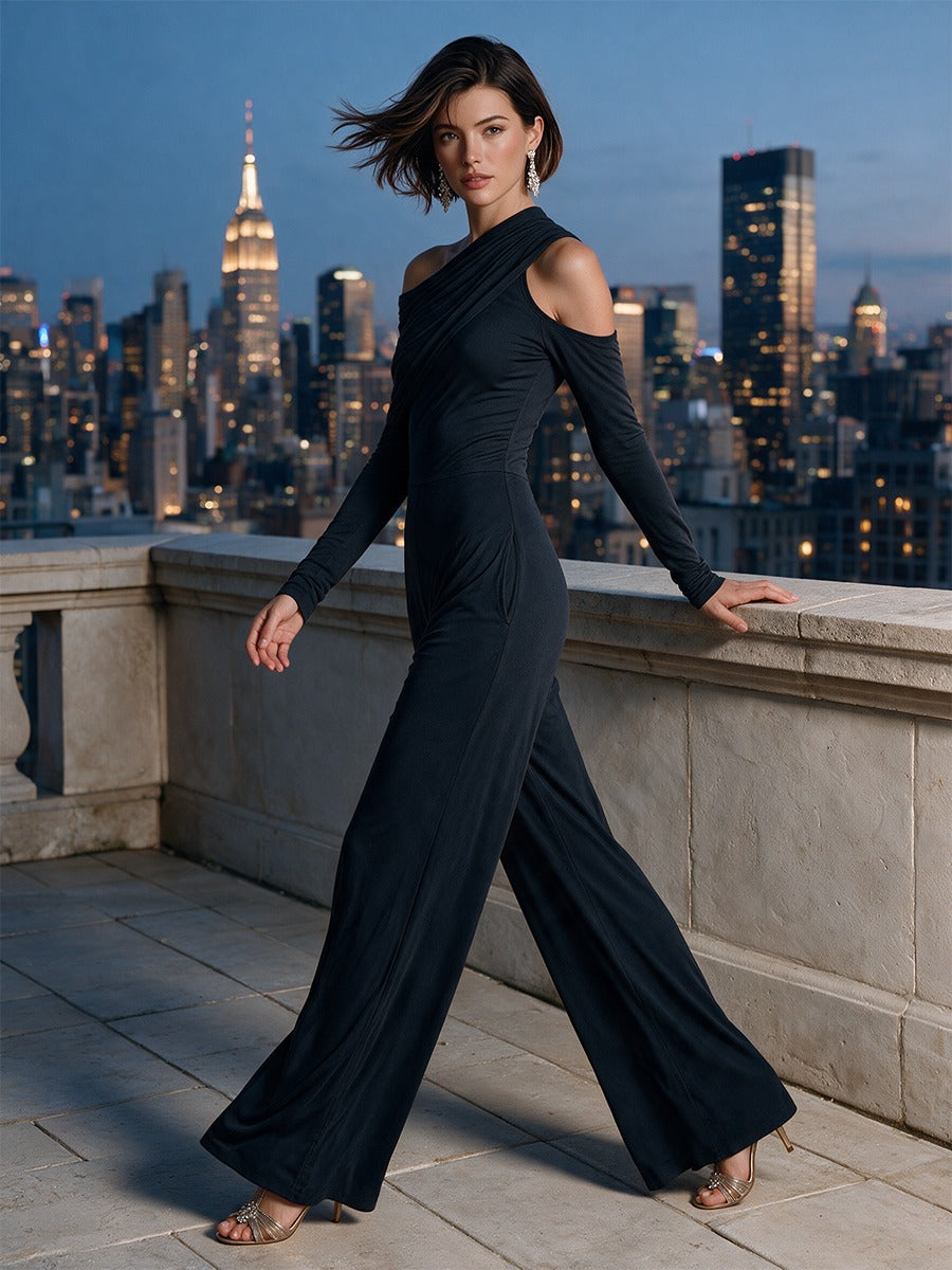 Black One‑Shoulder Party Wide‑Leg Jumpsuit