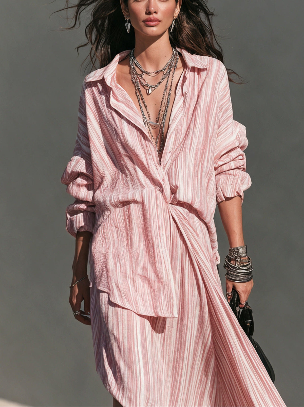 Casual-Elegant Pink Striped Shirt And Skirt Two-Piece Set
