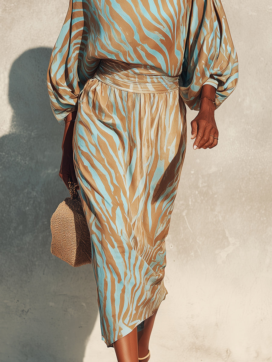Casual Off-the-shoulder Zebra-print Batwing-sleeve Midi Dress