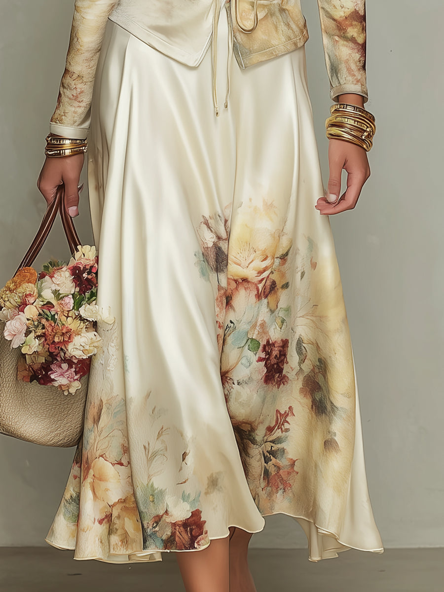 Elegant Ivory satin shirt and skirt set with floral print