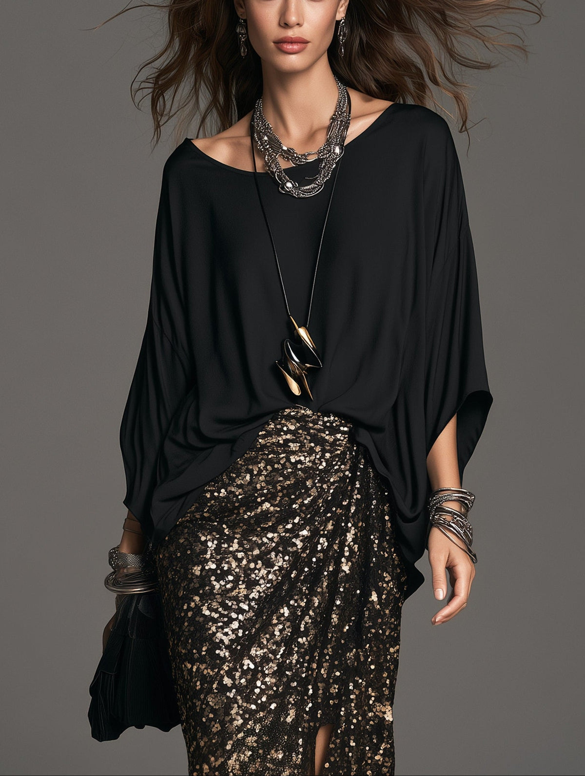 Elegant Black Satin Top And Sequin Skirt Two-Piece Set