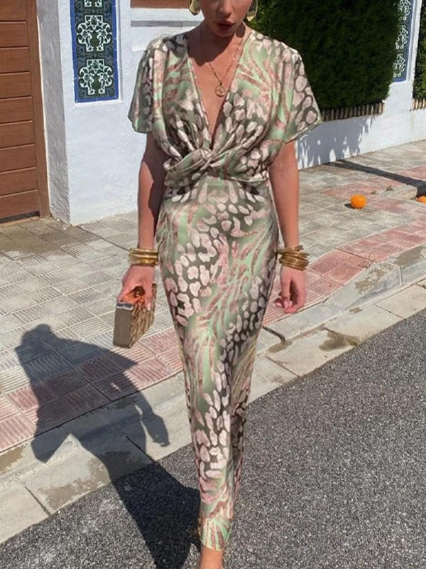 Stylish Knot-Front Printed Sexy V-Neck High-Waist Dress