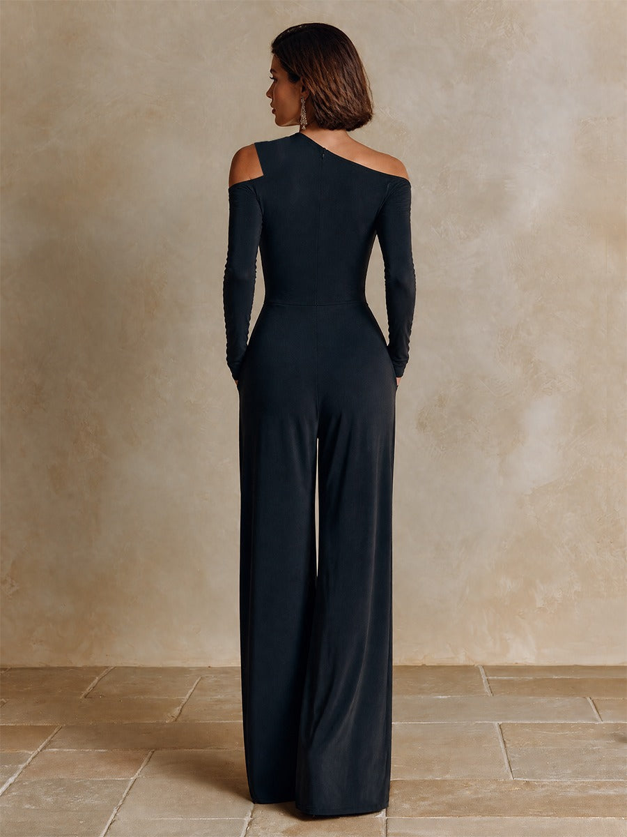 Black One‑Shoulder Party Wide‑Leg Jumpsuit