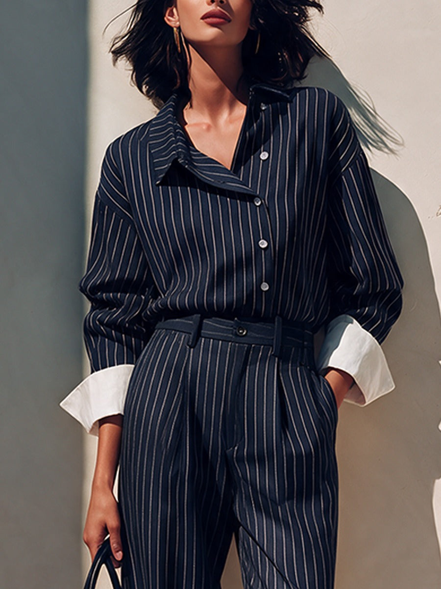 Elegant Asymmetric Button-Placket Striped Set