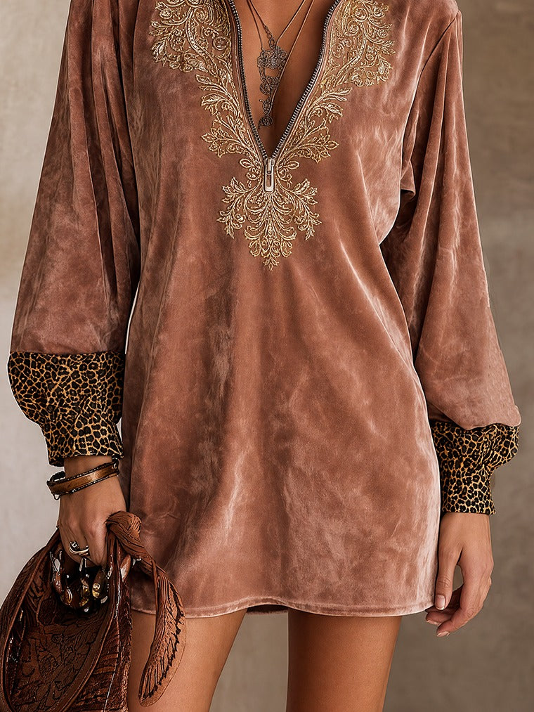 Pink velvet embroidered mini dress with leopard-print trim