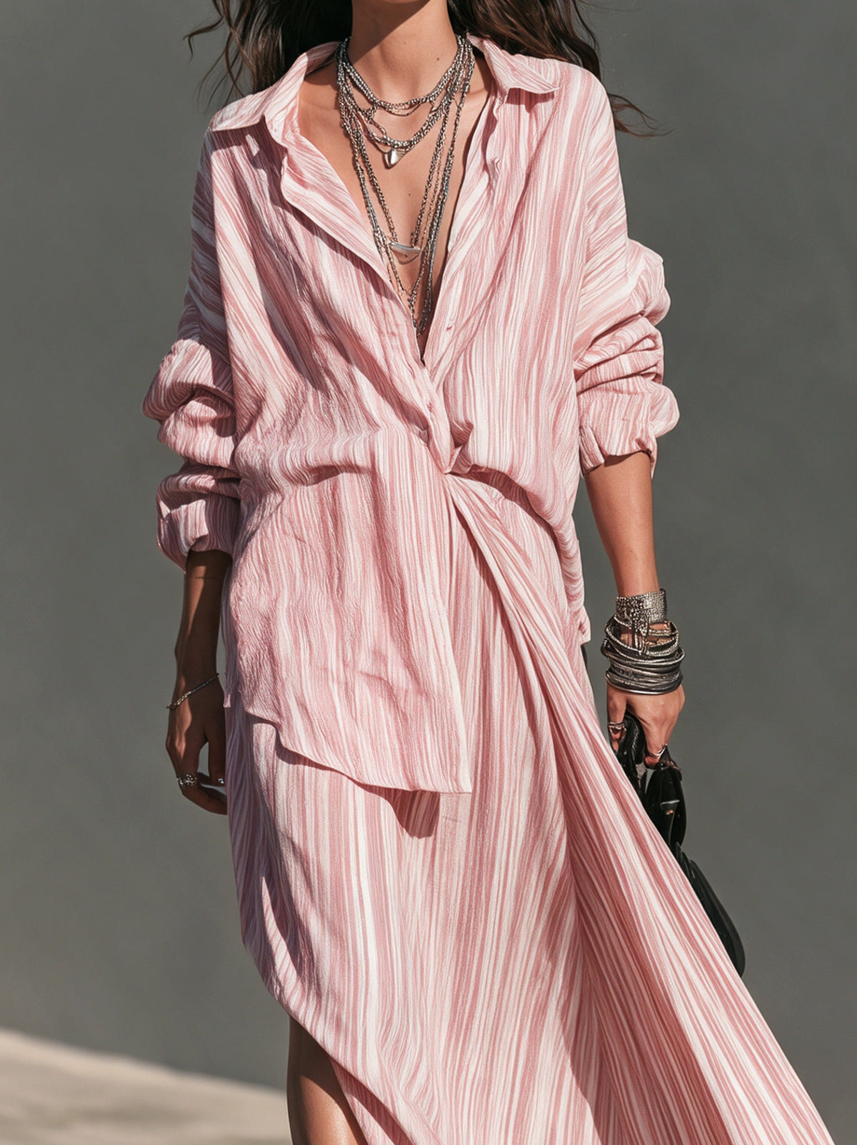 Casual-Elegant Pink Striped Shirt And Skirt Two-Piece Set